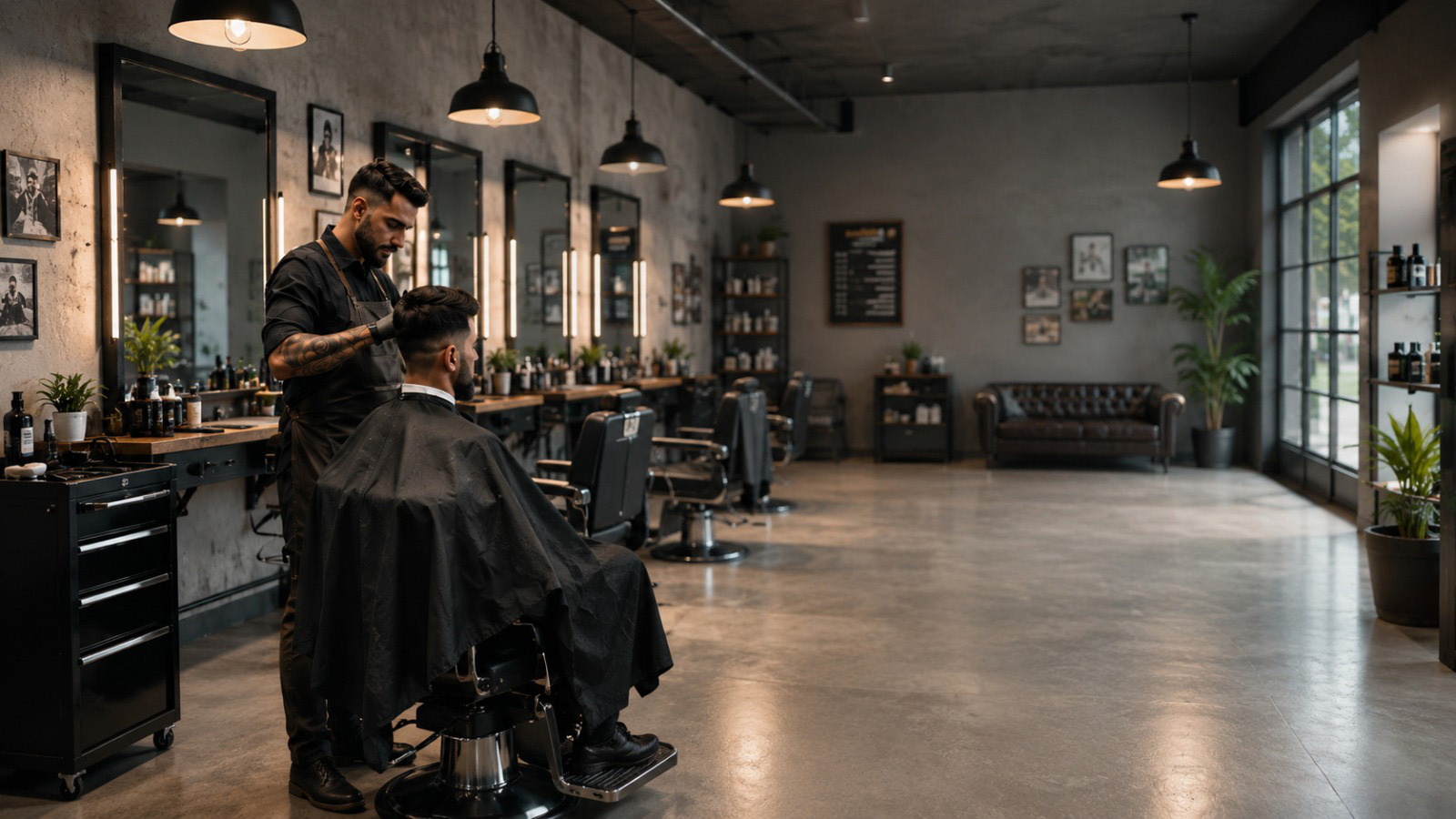 Barbero atendiendo con dedicación a un cliente en una barbería amplia y cuidada