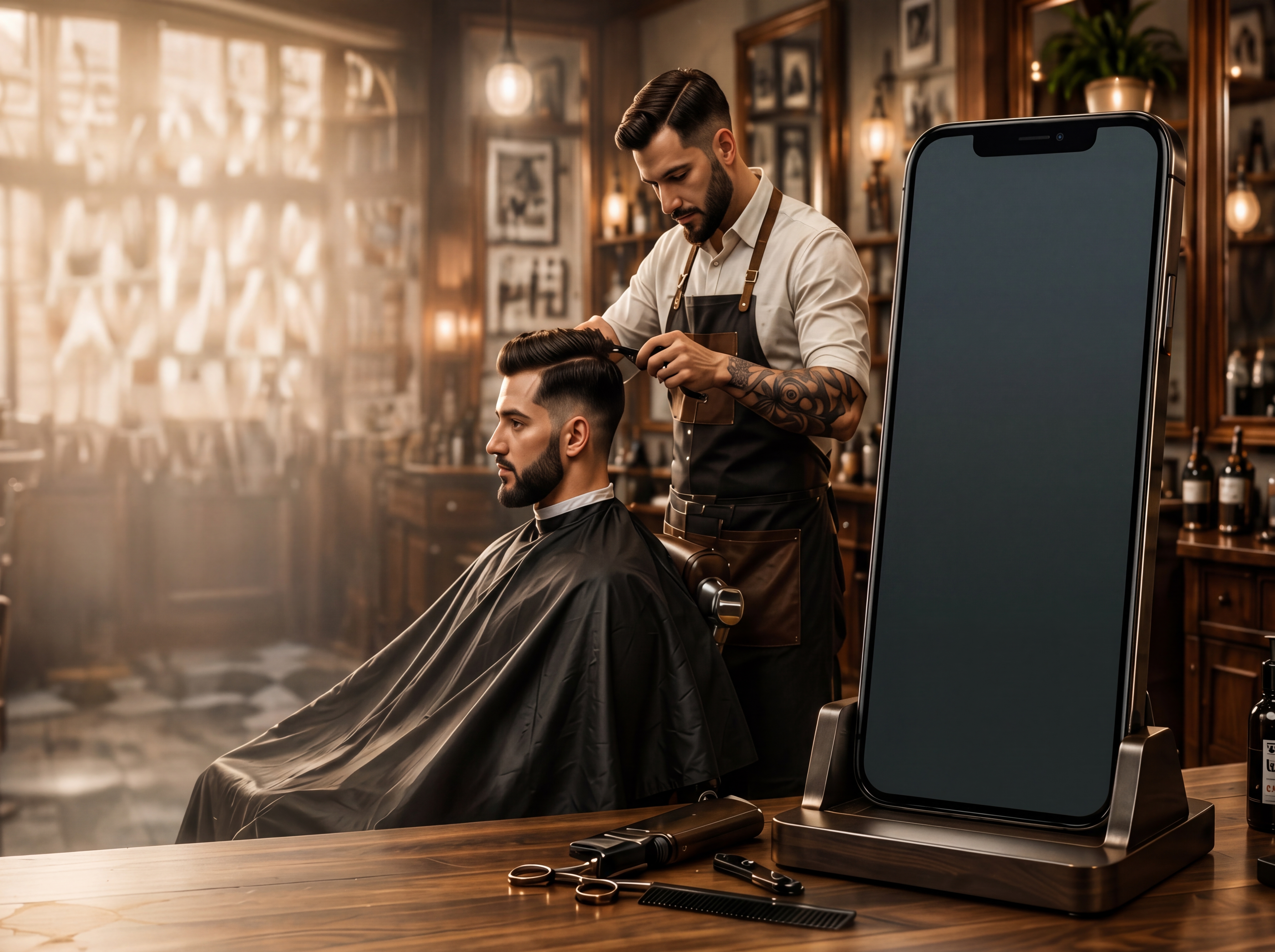 Barbero cortando el pelo con calma en su barbería
